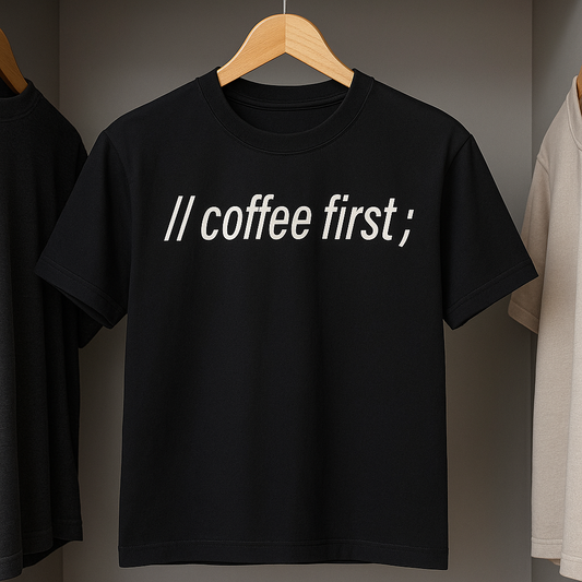// coffee first; — Dev Fuel T-Shirt for Programmers